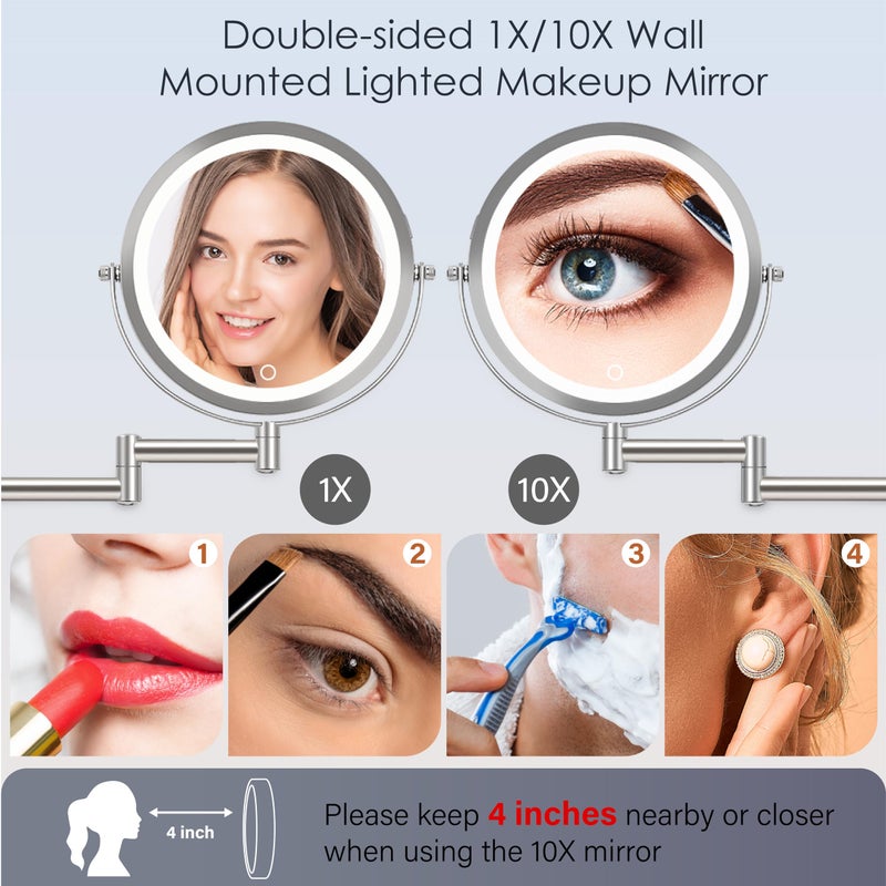 VESAUR 9"" 4000mAh Rechargeable Wall Mounted Lighted Makeup Mirror Nickel  1X/10X HD Undistorted Magnifying Mirror with 3 Color Lights Dimmable  360 Swivel Seamless Shaving Vanity Mirror 17"" Extendable Arm - Image 3